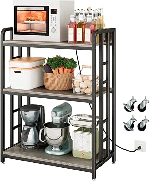 Bakers Rack with Power Outlet, 3-Tier Adjustable Microwave Cart, Greige