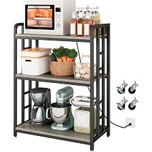 METYERRY Bakers Rack with Power Outlet,Adjustable Microwave Stand with Storage,3-Tier Kitchen Shelves,Microwave cart Suitable for Kitchen,Dinning Room,Coffee Bar,Living,Greige