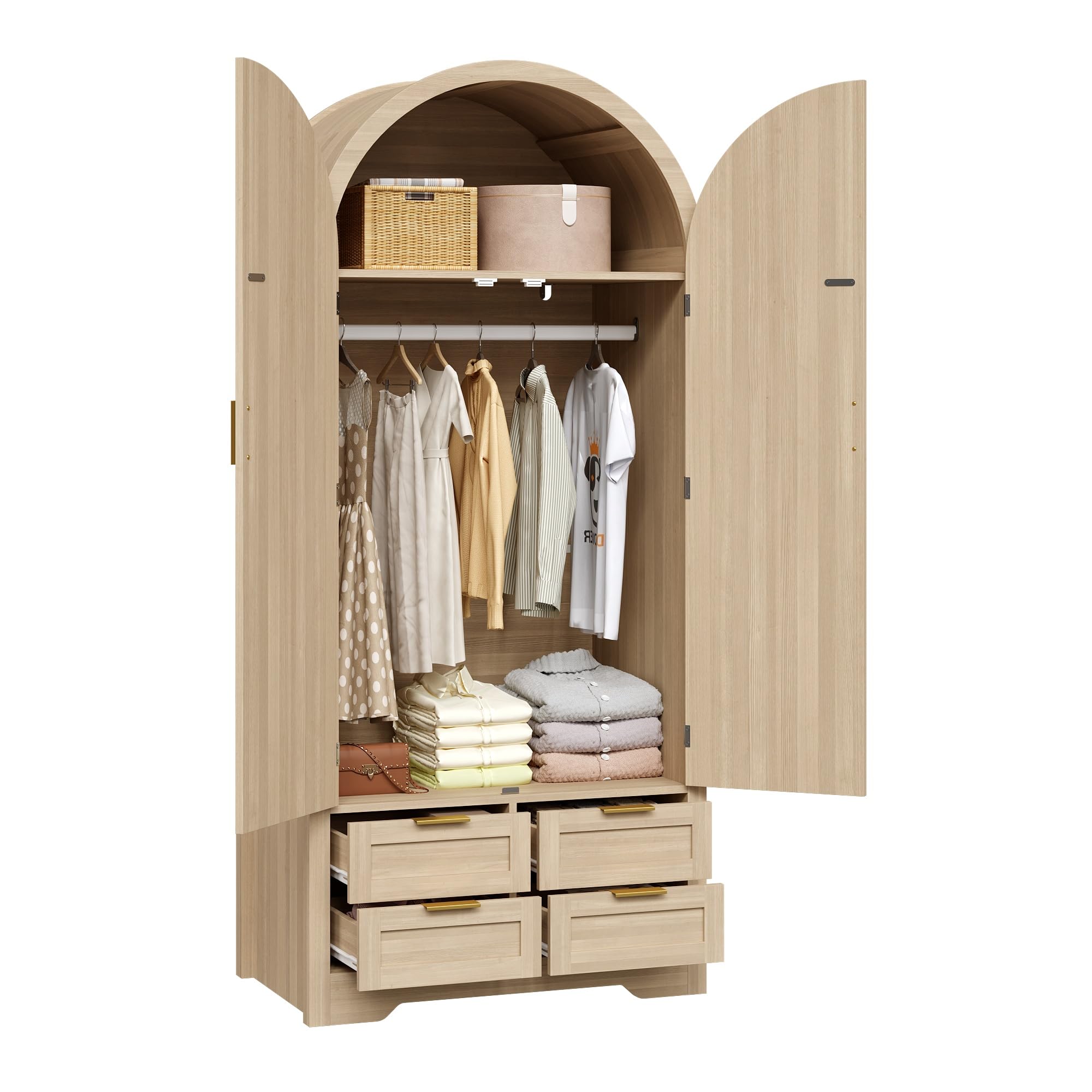 Azkoeesy Armadio moderno ad arco, ante effetto rattan, 4 cassetti, maniglie dorate, 80 x 50 x 179 cm, per camera da letto e corridoio (quercia)