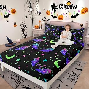 Glitter Bats Bed Sheets Blue Purple Galaxy Fitted Sheet for Kids Boys Teens Starry Sky Bedding Sets Dark