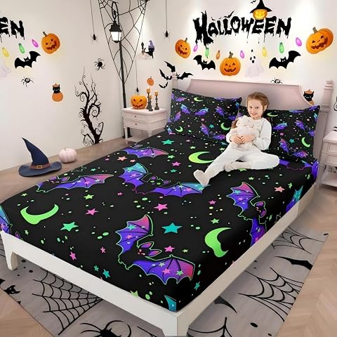 Glitter Bats Bed Sheets Blue Purple Galaxy Fitted Sheet for Kids Boys Teens Starry Sky Bedding Sets Dark