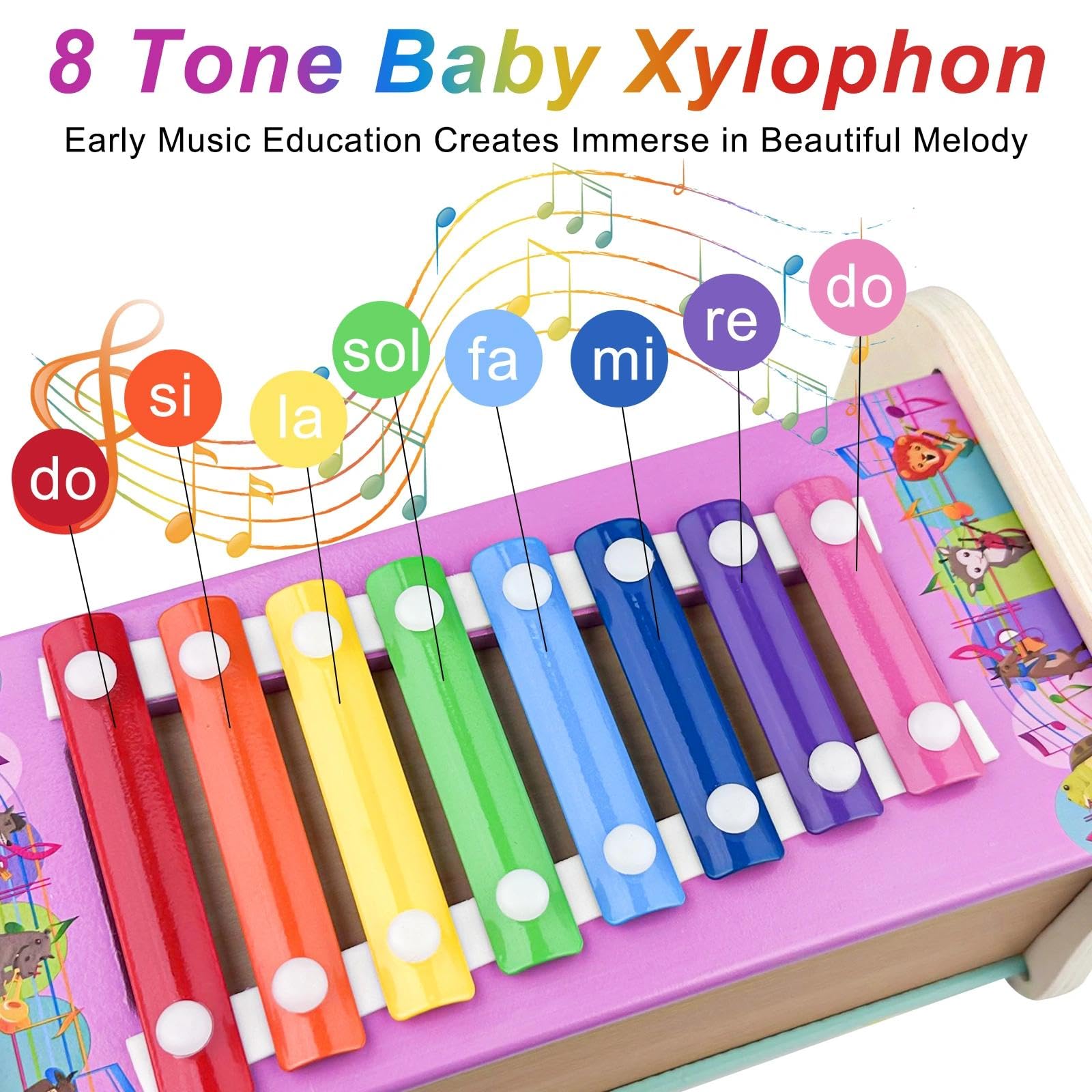Jouet Xylophone Bebe 3 en 1, Montessori Marteau en Bois, Jeux Chasse Taupe, Banc À Marteler, Motricité Fine Cadeau Enfant 1-4 Ans