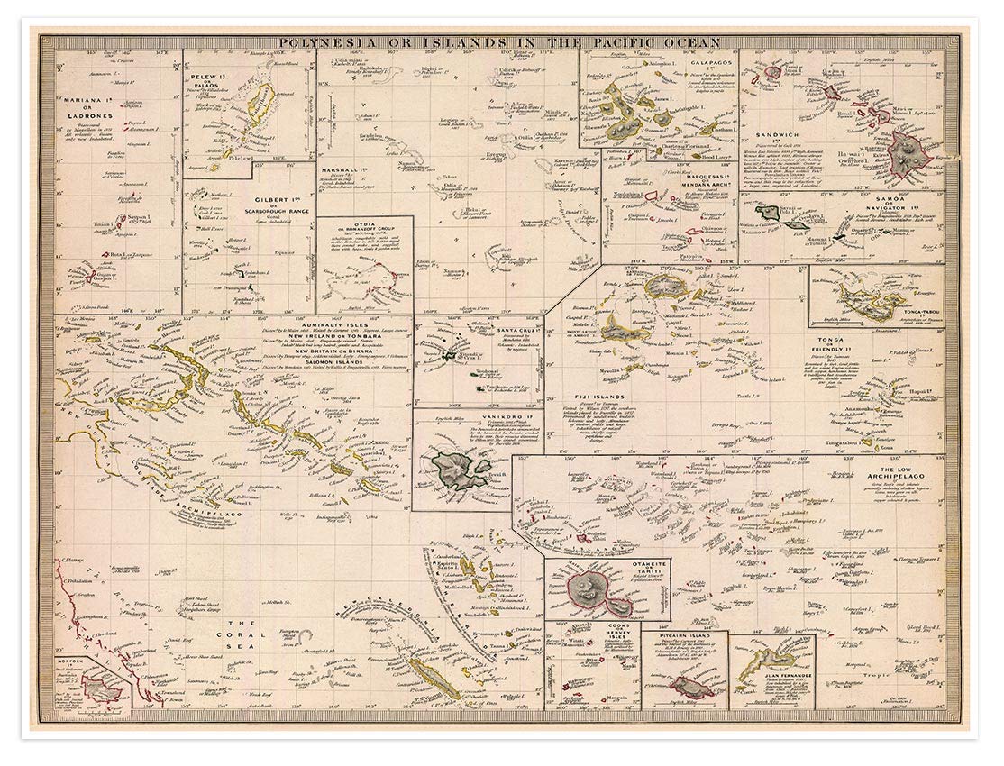 Antiguos Maps Elegant Polynesia or Islands in The Pacific Ocean circa 1840 | Art Print Poster Vintage Wall Decor | 18 x 24 inches (457 x 610 mm)