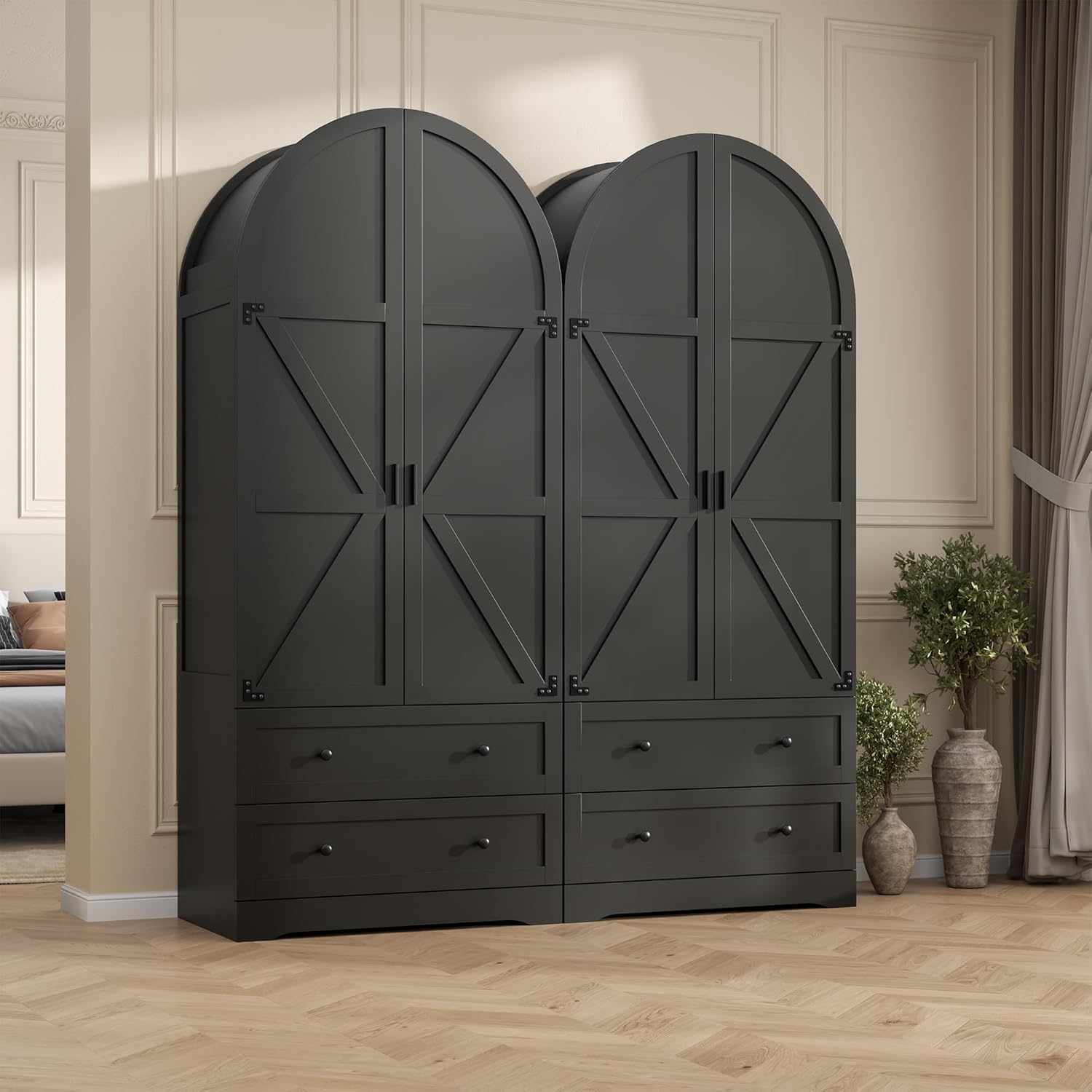 Black Armoire Wardrobe Closet with 2 Drawers, 74.8" Wooden Wardrobe with 2 Doors, Freestanding Closet Armoire Cabinet with Hanging Rack, Clothing Storage Cabinet for Bedroom (Black)