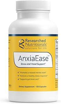 Researched Nutritionals AnxiaEase - Stress, Cortisol Management & Mood Support Supplement - Botanicals, Vitamin B6, Magnesium & Psychobiotic Probiotic Strains 120 Capsules