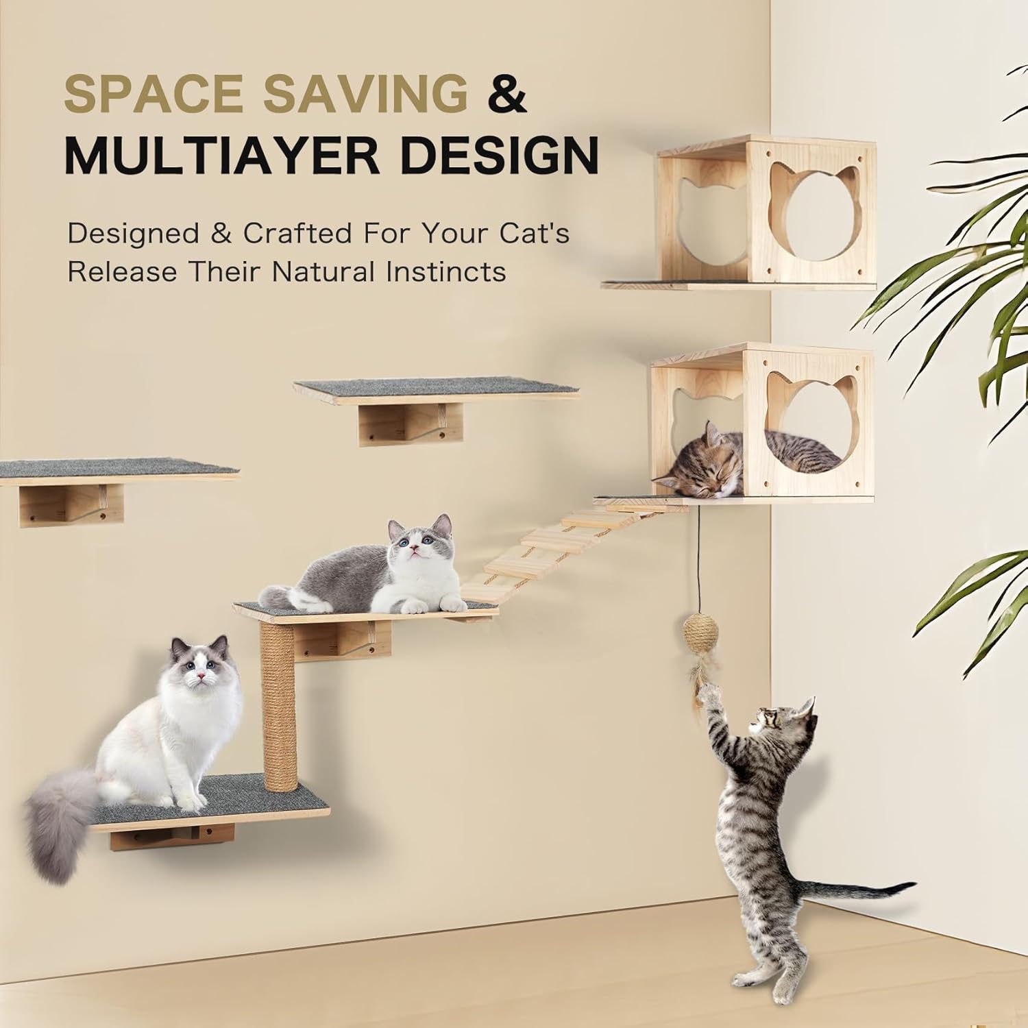 review Wooden Cat Wall Shelves, Set of 5 Cat Wall Furniture, Cat Shelves with Non-Slip Pads, Cat Corridor, Cat House, Climbing Shelf & Scratching Post for Wall Mounted, Durable Safe Pet Gifts