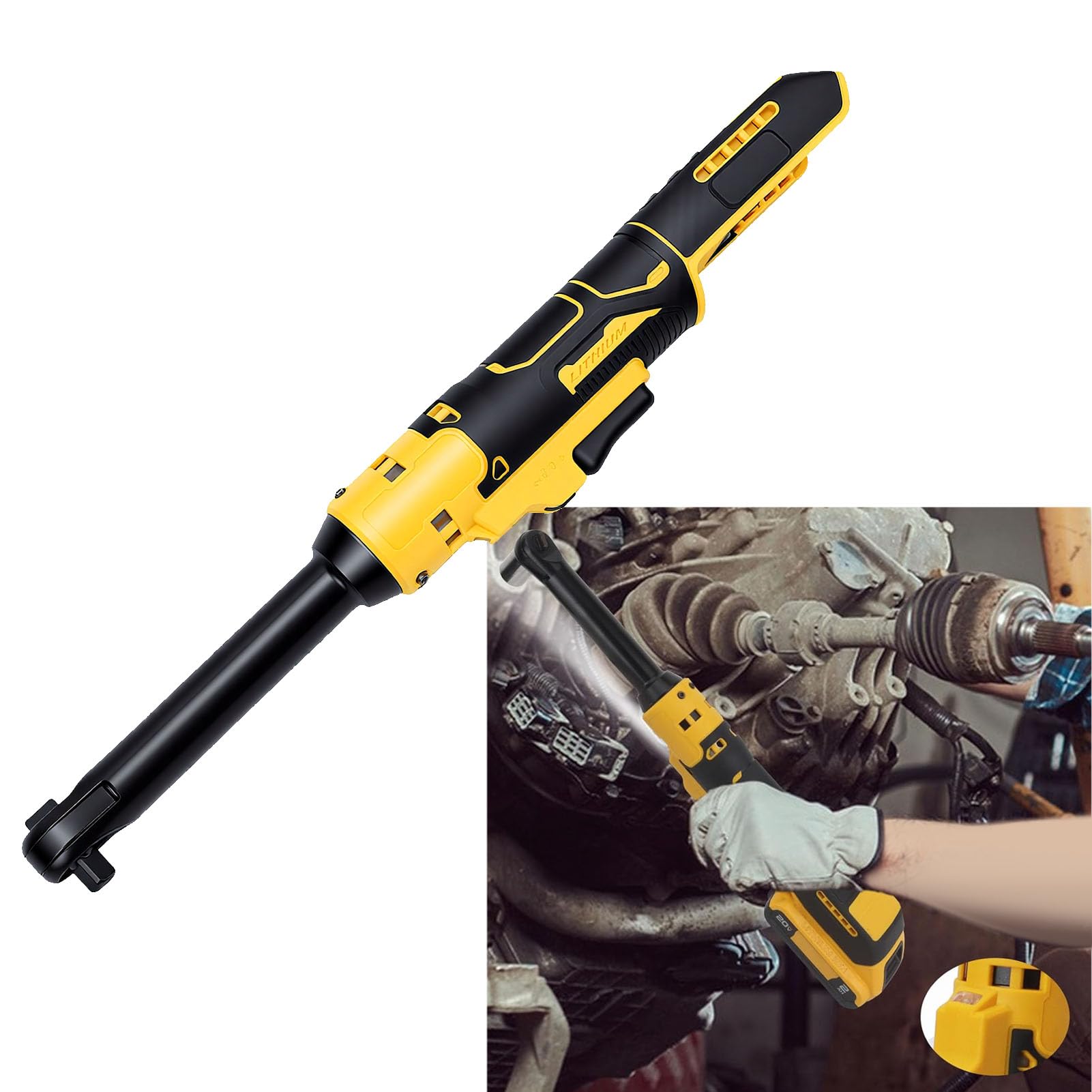 Llave de Trinquete Alimentada por Batería de 3/8 Pulgadas, Torsión de 74 Pies y Libras, Cabeza de 6,3 Pulgadas para Reparación Automotriz de Puntos Estrechos Mecánicos Domésticos