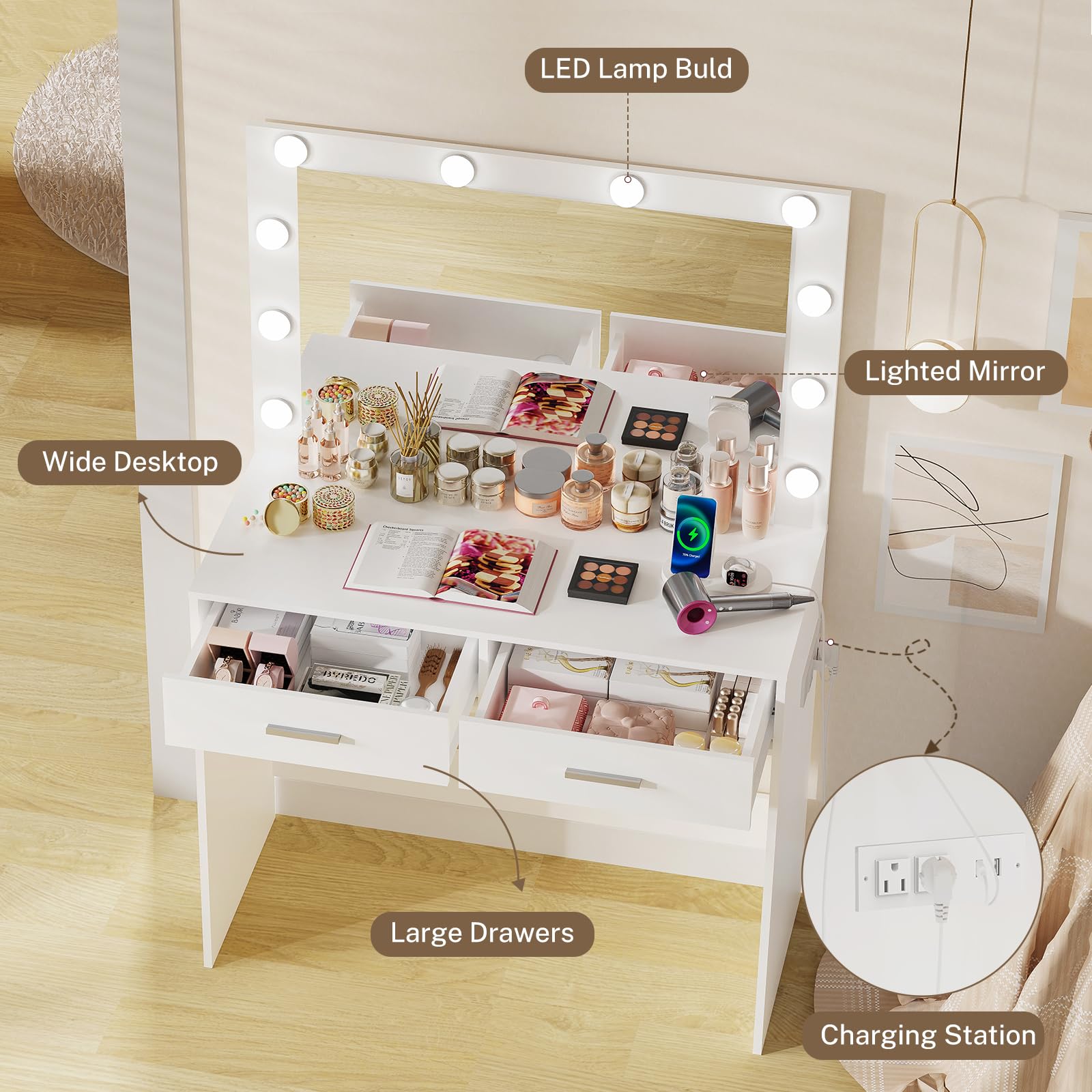 Coiffeuse FIONESO Avec Miroir LED - 2 Tiroirs Et 2 Armoires - Blanc Moderne - Éclairage Réglable
