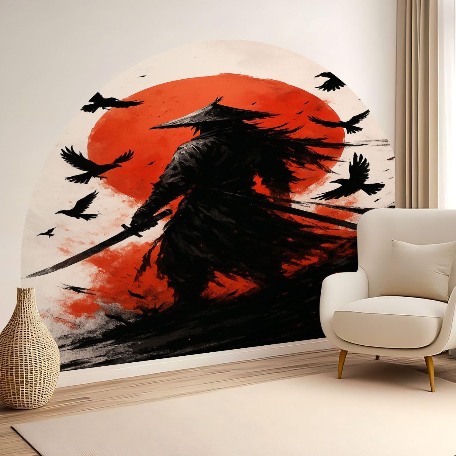 Arch Wall Decals Peel and Stick Dark Warrior Samurai Crows Rising Sun Swords Traditional Hat Mixed Boho Headboard Large Wall Sticker Self Adhesive Removable Mural Decor for Bedroom Nursery 83"x61"