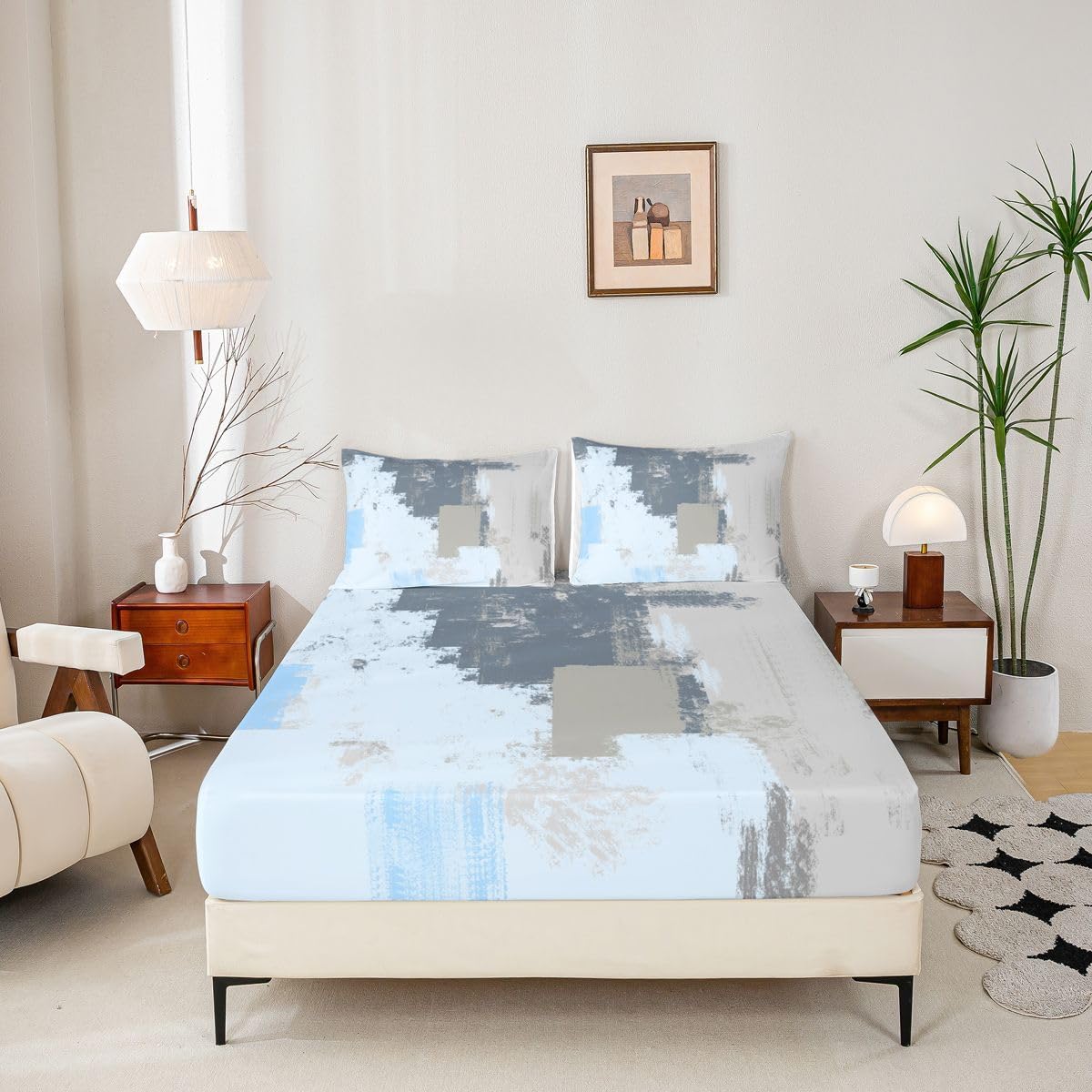 Blue Grey White Fitted Sheet Twin Size Kids Abstract Art Bedding Set for Boys Teens Geometric Bed Sheet Set Stripes Modern Bed Cover Room Decor - Image 2