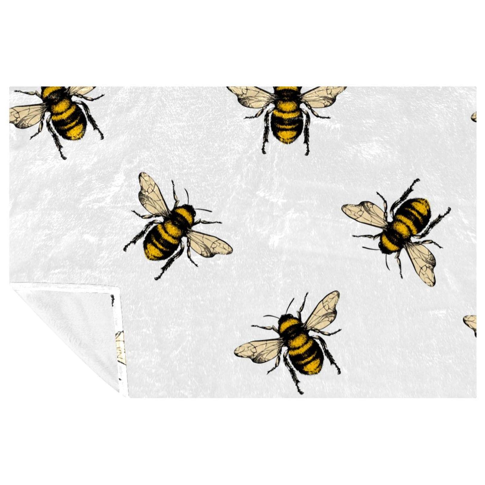 Couverture douce et chaude plaid abeilles blanc 150x100 cm pour canapé lit et plage