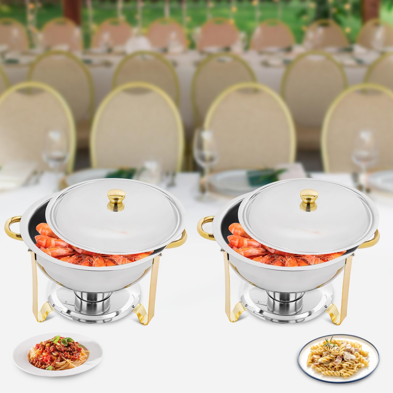 Set da 4,5 l Chafing Dish Buffet in acciaio inox, contenitore termico rotondo, per catering, buffet e feste (oro/set da 2)
