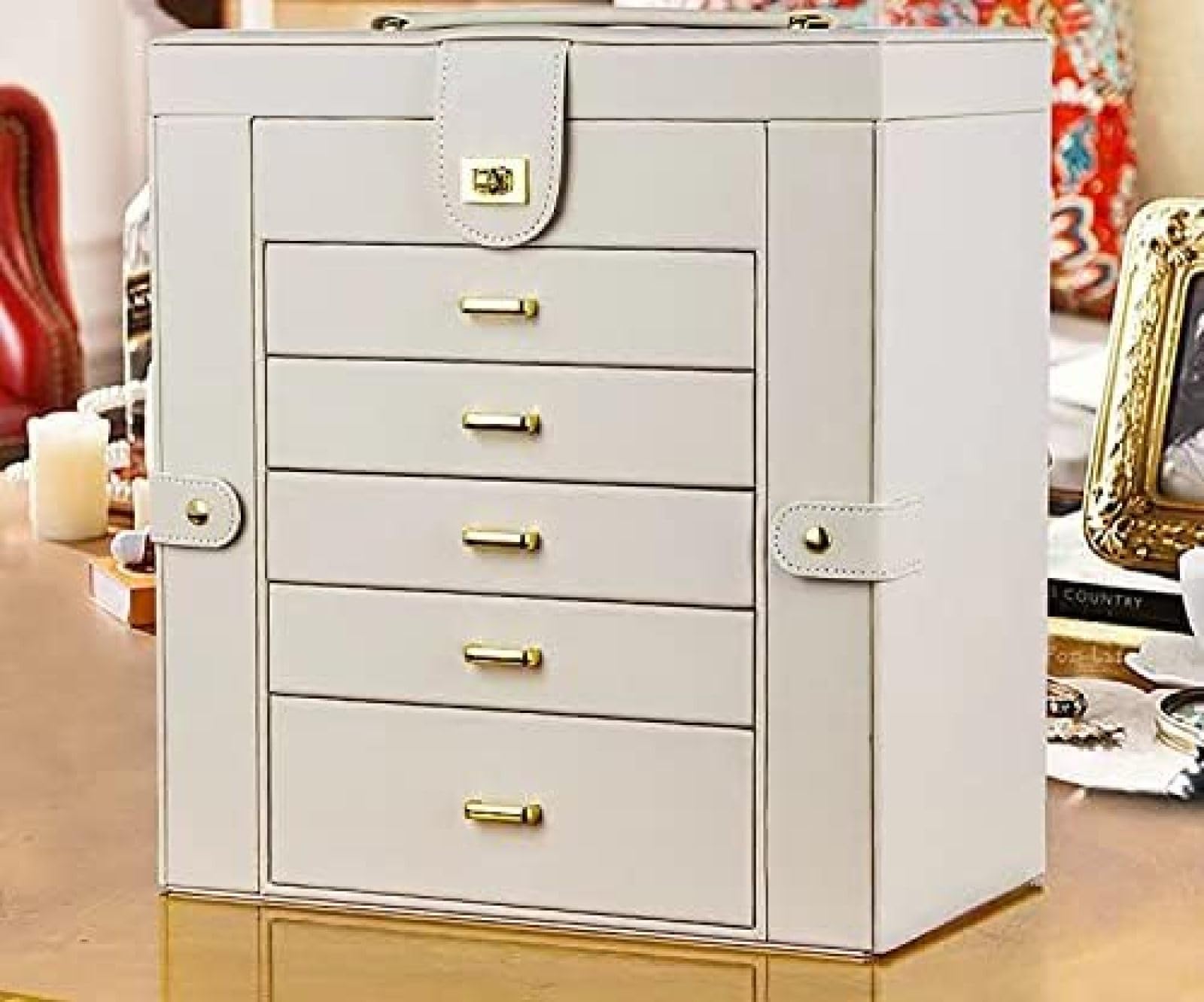 Die Große Schmuckschatulle, 6-lagig, Mit 5 Schubladen, PU-Leder, Schmuck-Organizer, Aufbewahrung Mit Spiegel, Schmucketui Für Frauen Und Mädchen, Geschenk,Weiss,Constructive23