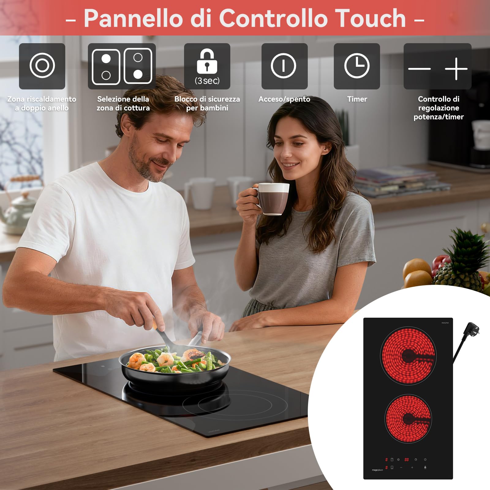 magicplux Piastra Cottura Vetroceramica 2 Zone, 3400 W, 29,5 cm, 9 Livelli di Calore, Controllo Tattile, Blocco Bambini, Timer 1-99 Min, Compatibile con Tutte le Pentole, con Spina