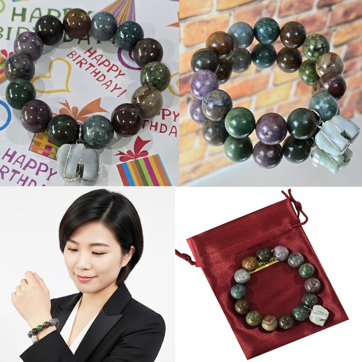Natural 5-Color Jade Bracelet for Women – Handmade Energy Healing Crystal Jewelry with Jade Elephant – Gift Bag Included – Prosperity & Luck Bracelet – Thai Amulet Style
