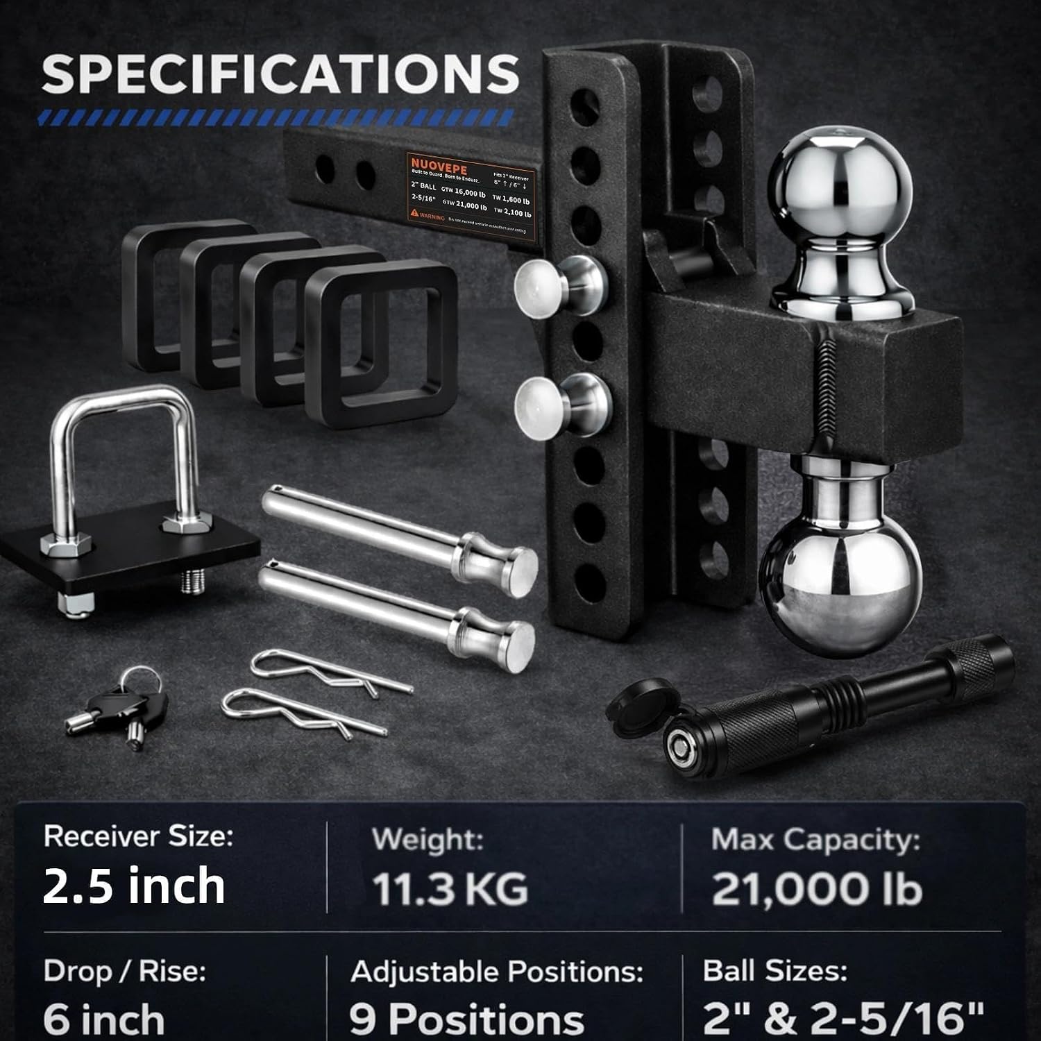 Dual Anti-Rattle Adjustable Trailer Hitch Kit, 6" Drop/Rise, 2" & 2-5/16" Dual Hitch Balls, Fits 2-1/2" Receiver, 16,000/21,000 lbs GTW, Includes Trailer Hitch Lock & Stabilizer Clamp