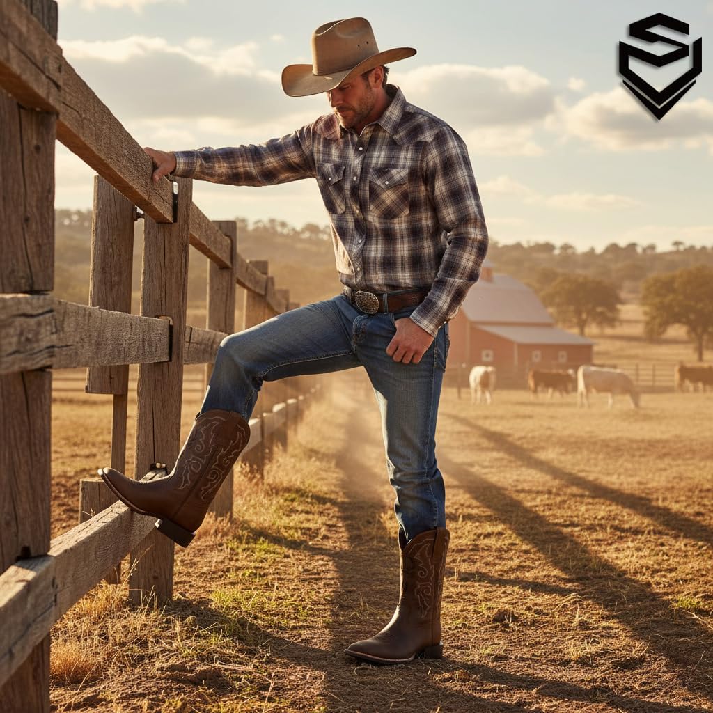 SUREWAY Cowboy Boots For Men - Square Toe Western Boot,Oil/Slip Resistant,Durable Fashionable Classic Pull on 10 Inch Wellington Boots - Leather - Image 2