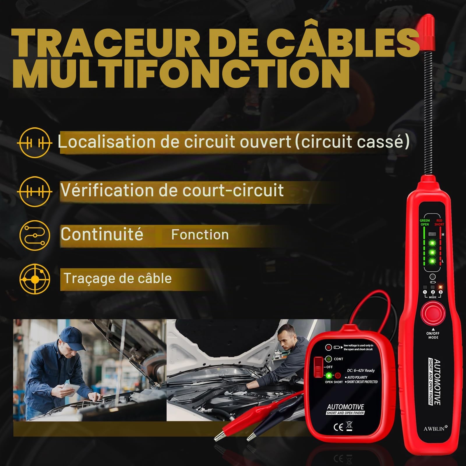 AWBLIN Traceur de fils électriques pour automobile - Détecteur de circuit ouvert et court - Détecteur de fils - Sonde de défaillance - Traqueur de câble électrique CC 6-42 V