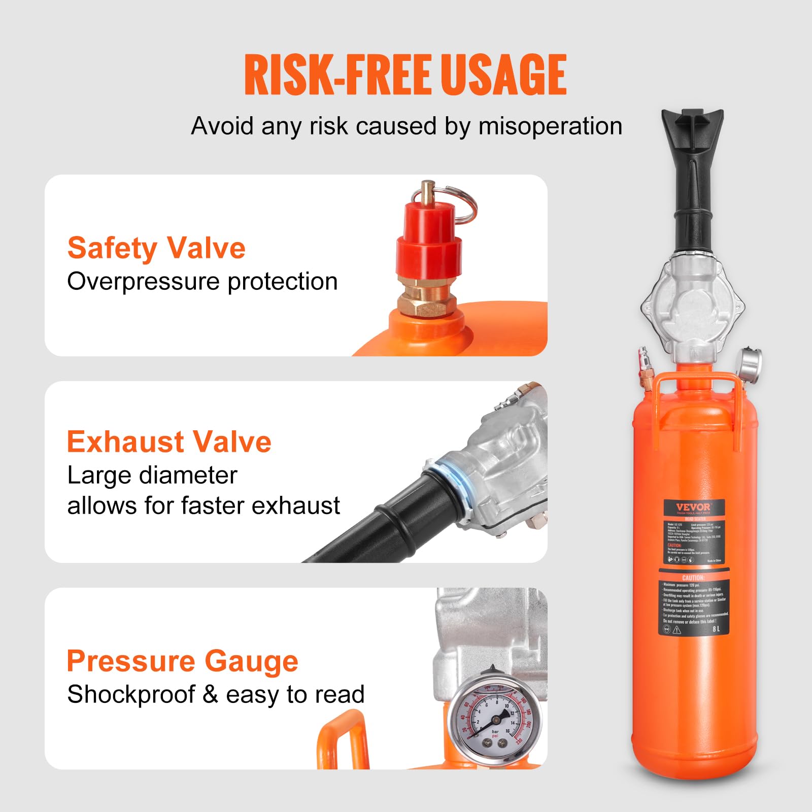 VEVOR Tire Bead Seater, 8L Air Tire Bead Blaster, 120 PSI Handheld Bead Bazooka, ulepszone przenośne narzędzie do pompowania opon, ciśnienie robocze 85-116 PSI do ciągnika, ciężarówki ATV