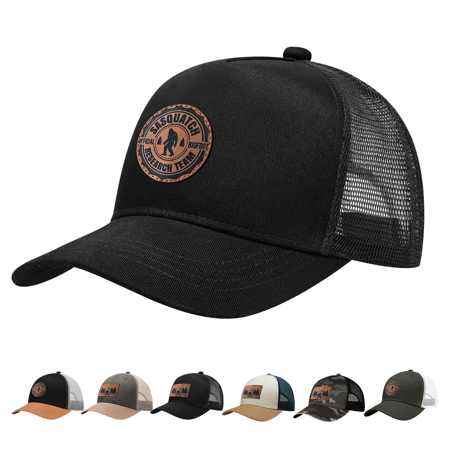LLZTWOWD Bigfoot Hat with Leather Sasquatch Baseball Cap for Men Boy Gifts for Dad Hats Sports Trucker Caps, Black 2, One size
