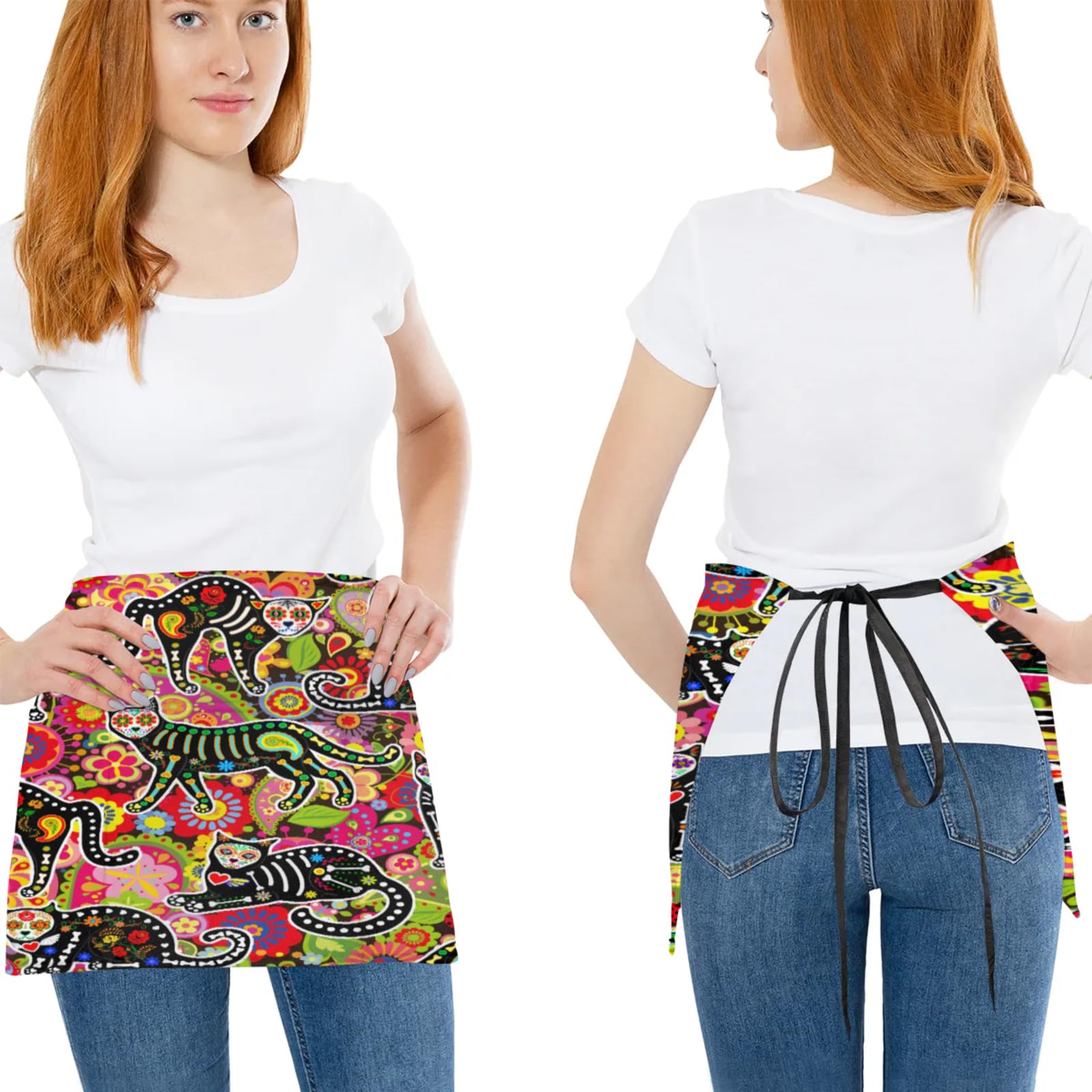 Peris Skeleton Cats Server Aprons with 3 Pockets Oil-proof Half Aprons Restaurant Bistro Cafe Bars Waitress Waiter Wasit Apron for Women Men 3 Pcs