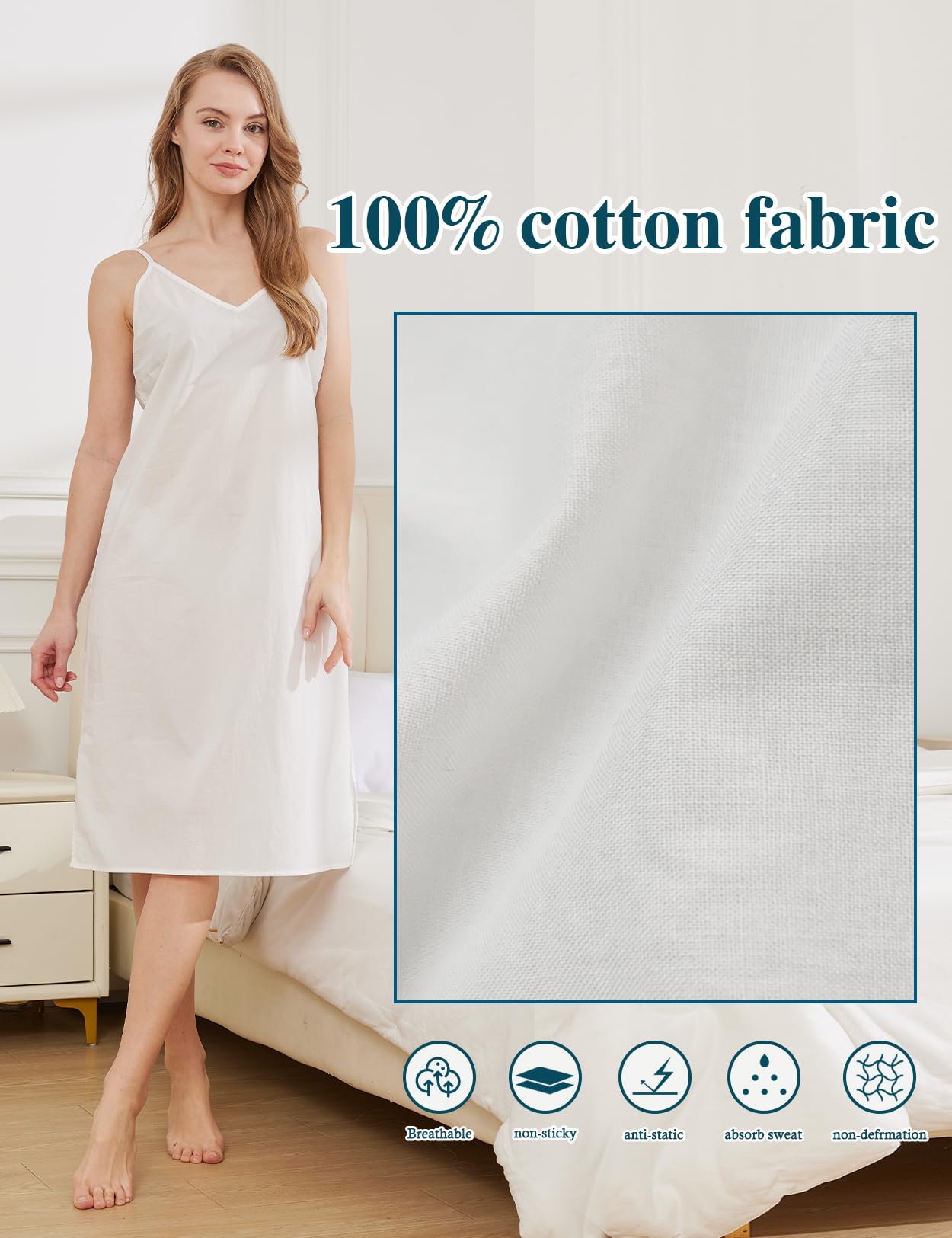 BEAUTELICATE 100% Algodón Enaguas Mujer Pijama de Tirantes con Correas Ajustables Combinación Interior para Vestido