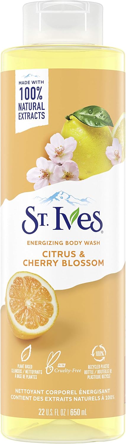 St. Ives Energising Body Wash (650ml) Citrus & Cherry Blossom Made with Plant-Based Cleansers & 100% Natural Extracts 16 oz Shower Gel