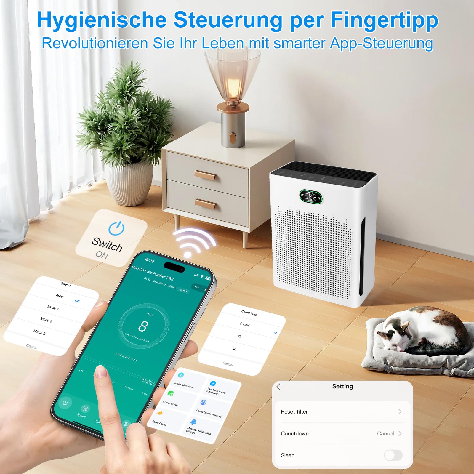 HEPA Luftreiniger,Air Purifier mit App-gesteuert&PM2.5 LED-Anzeige,Schlafmodus bis zu 22 dB,CADR 250m³/h bis 90㎡,Tiermodus,entfernt 99,97% von Staub, Pollen, Tierhaaren & Gerüchen