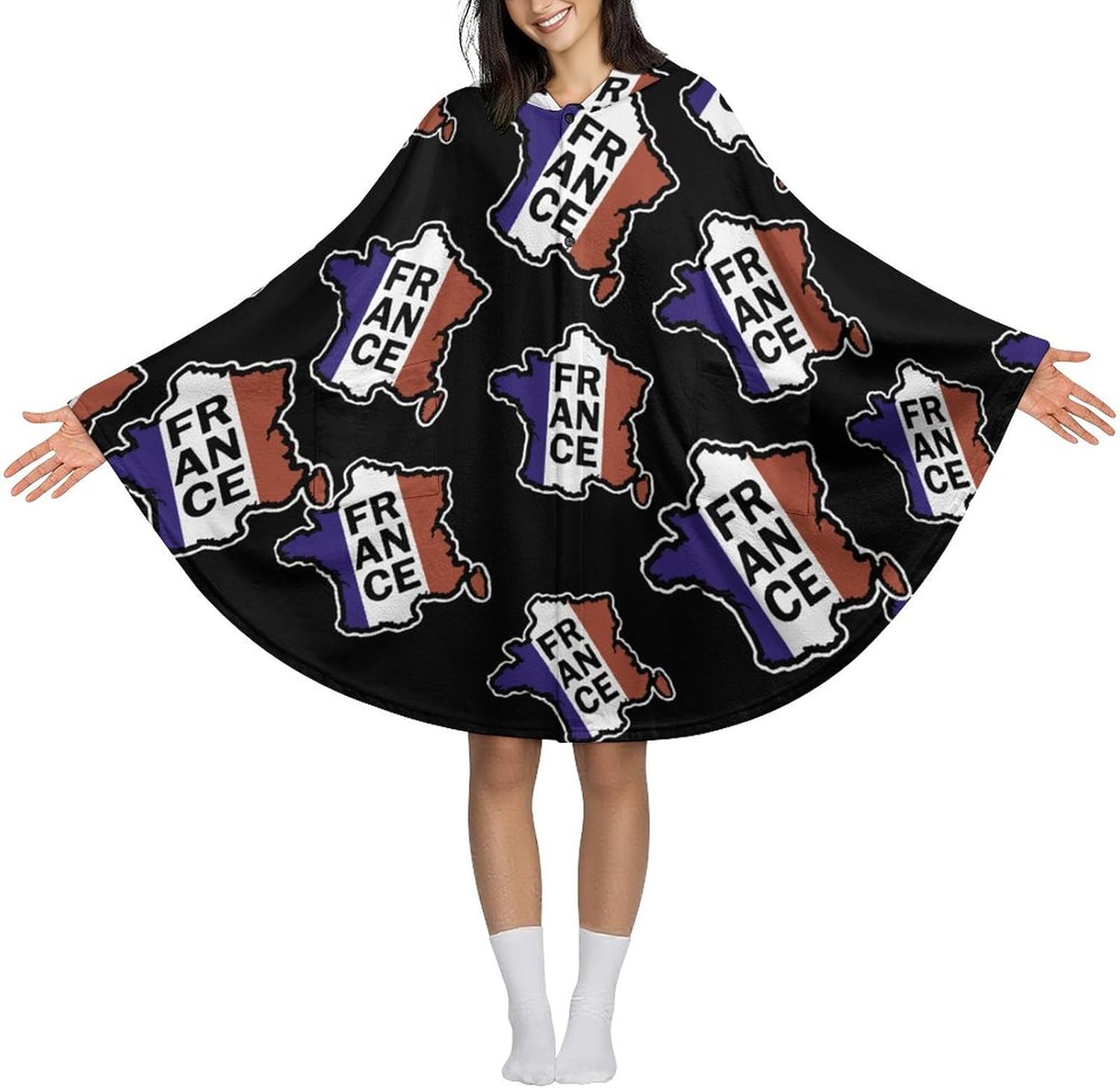 France French Flag Wearable Blanket with Hooded Flannel Blankets Cape with Pocket