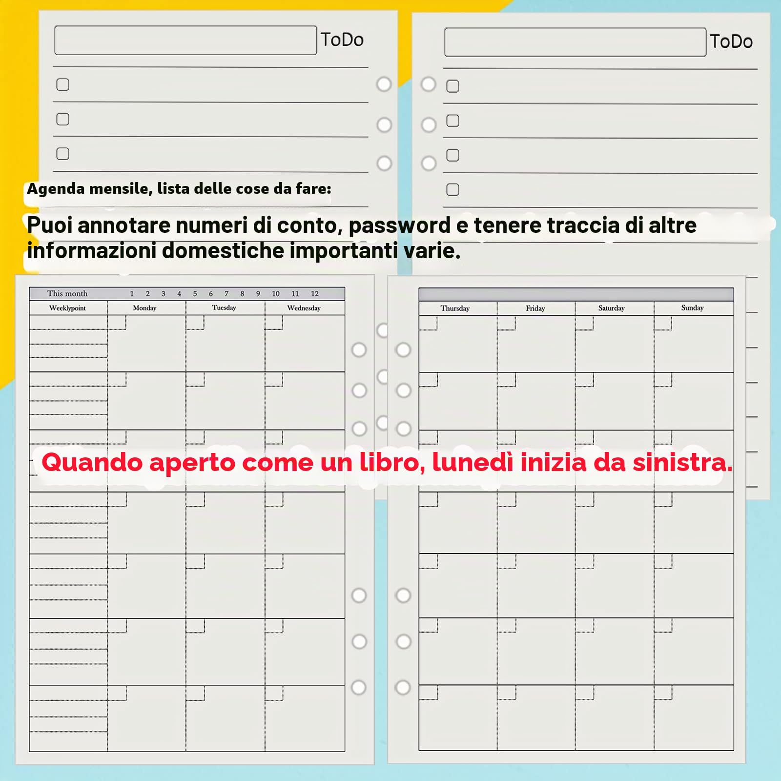 Raccoglitore ad anelli A5, formato A5, ricaricabile con accessori, 6 anelli Planner Blue Refills inclusi accessori Harphia Rosa
