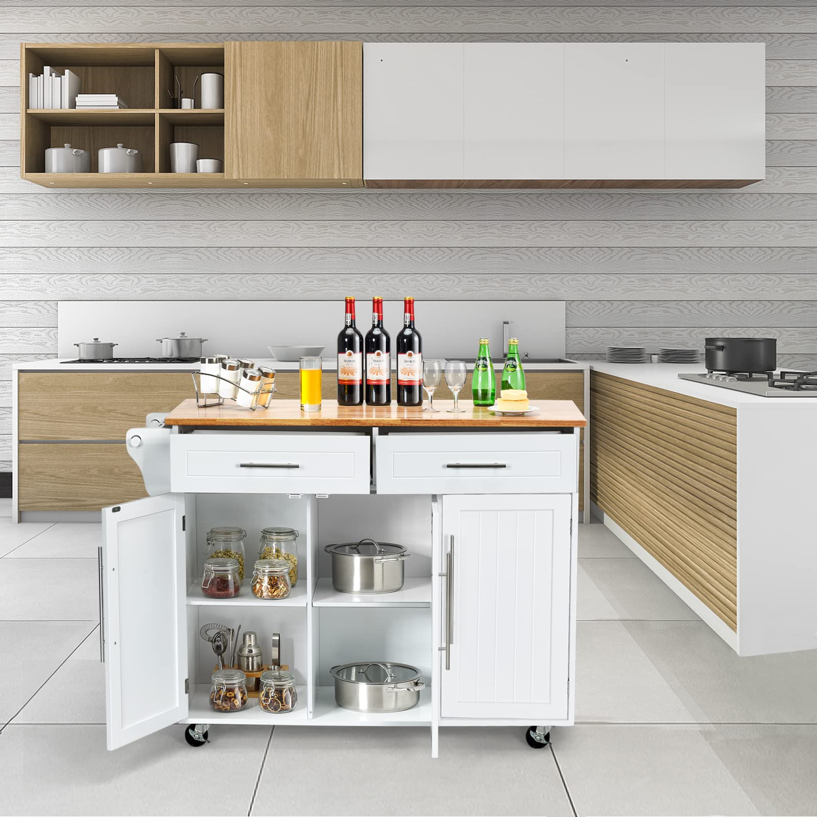 RELAX4LIFE Carrito de Cocina de 3 Puertas con 4 Ruedas, Carro de Servicio con 2 Cajones y 6 Estantes, Carrito Auxiliar con Toallero para Cocina y Baño, Madera Maciza, 122x40x93cm, Blanco