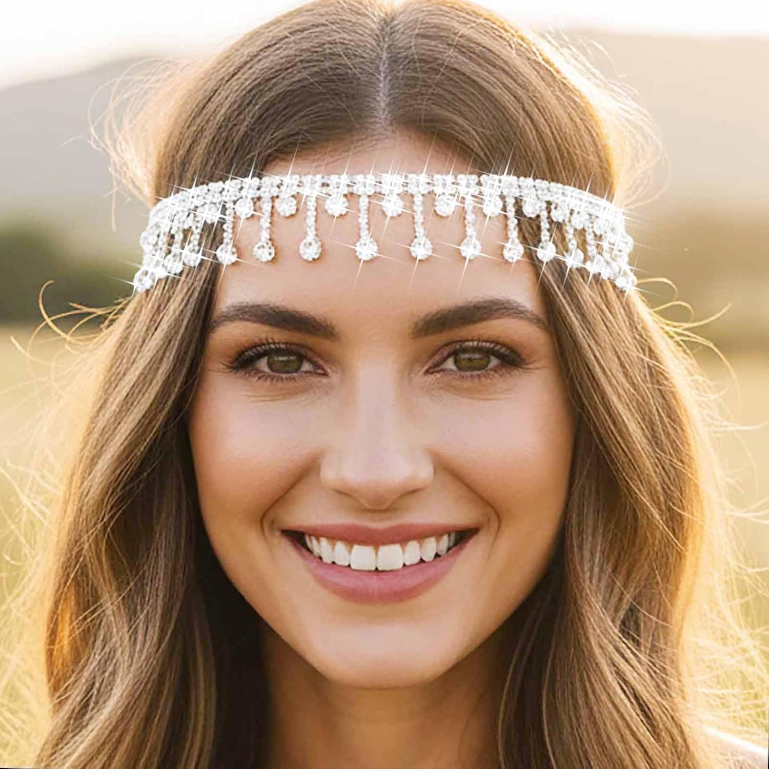 Yokawe Silver Rhinestone Headband Head Chain Jewelry Elastic Boho Sparkle Tassel Headpiece for Women image 3