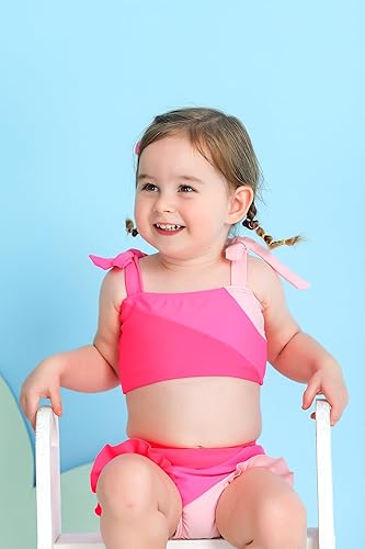 Miniatura 2 de YOUNGER TREE Traje de baño de dos piezas para niñas pequeñas, traje de baño de rayas con bloques de color, traje de baño de verano para playa, 18M-5