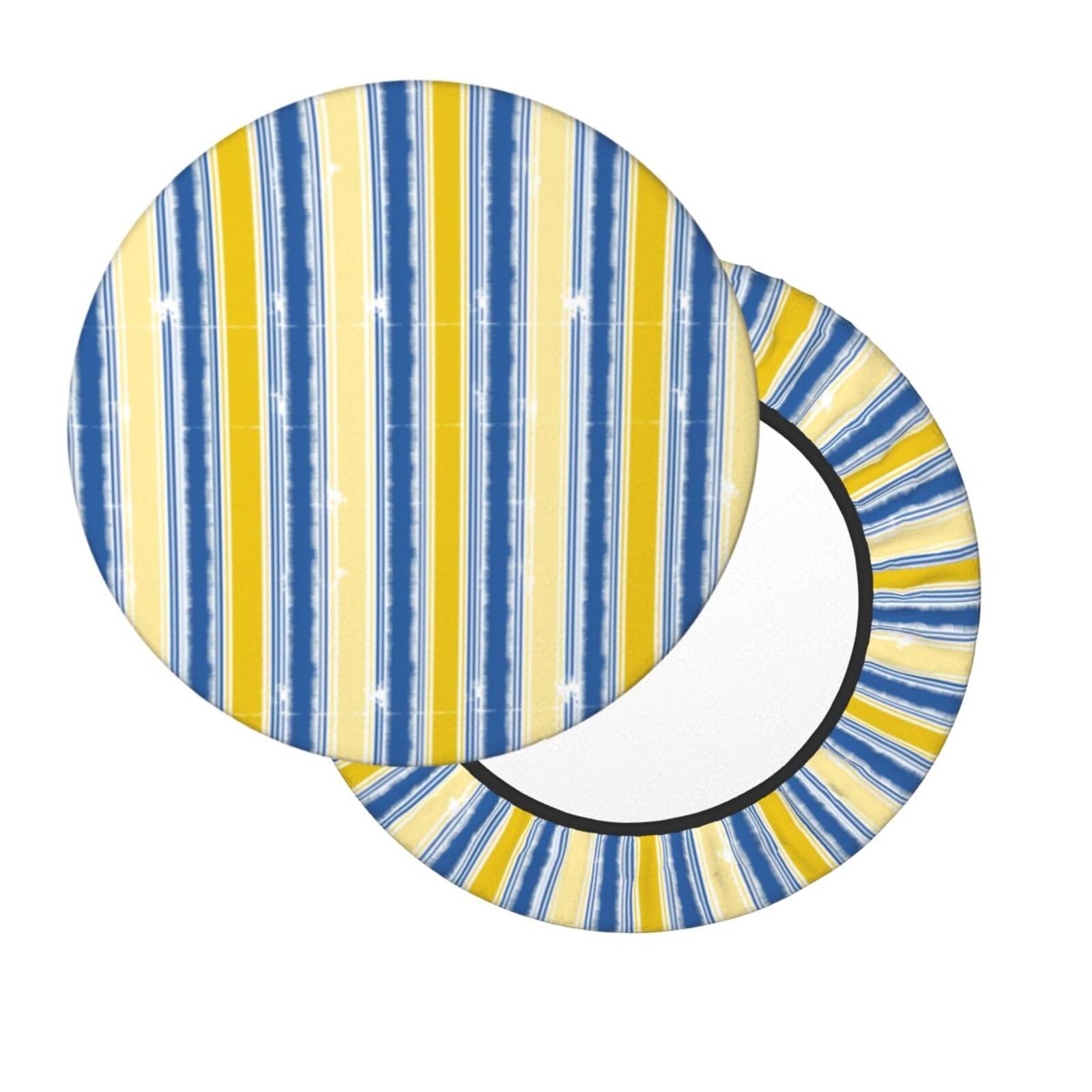 Velvet Round Stool Covers, Blue Yellow Provence Style Stripe Pattern Round Barstool Covers with Elastic Bands, Anti-Slip Round Stool Cushion Cover Stool Chair Covers for Bar Round Chair