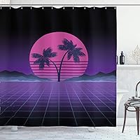 Vista 1 de Ambesonne Synthwave Shower Curtain, Retro Artwork Design of Striped Pinkish Moon Exotic Palms and Mountains, Cloth Fabric Bathroom Decor Set with