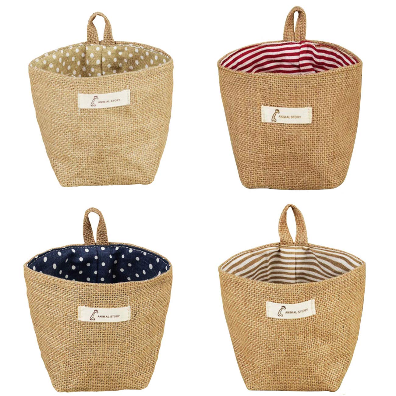 Feelfly4 PCS Mini Hanging Storage Bags, Cotton Linen Small Storage Basket Wall Hanging Organizer Box Wall Mounted Storage Pocket Collapsible Decor Bin Bag for Room Wall Door Closet (4)