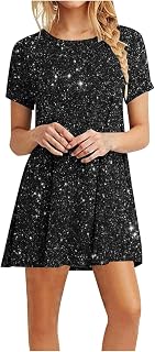 Womens Shirts Dresses Fashion Sequin Sparkly Bling Beach Party Sundress Short Sleeves Crewneck Midi Pullover Dress