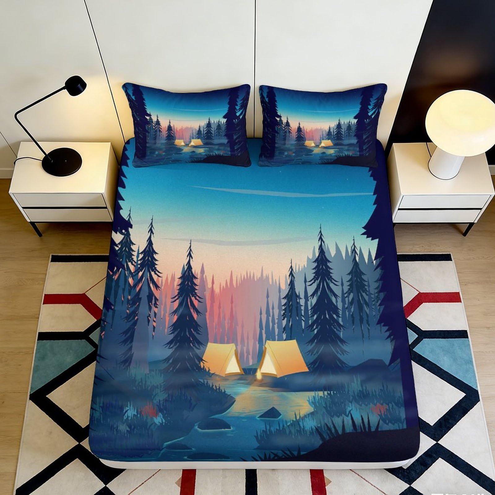 3D Printed Forest Sunset Fitted Sheet Microfiber Soft Camping Lake Mattress Cover for Bedroom Guest Room Decor 90x200x25cm