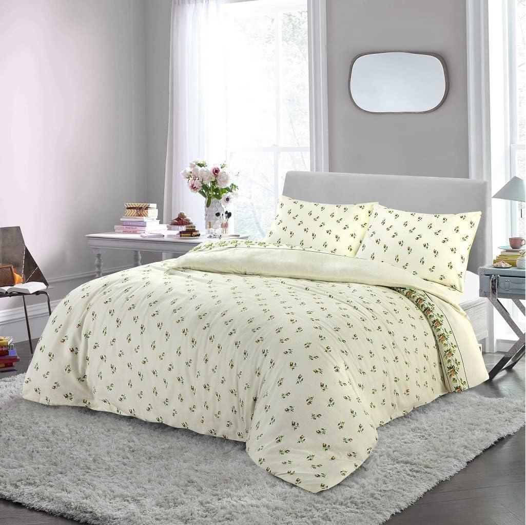 Homes-Linen Natural Rosebud Flannelette Duvet Quilt Cover Set Floral Thermal Flannel 100% Brushed Cotton (Double, )