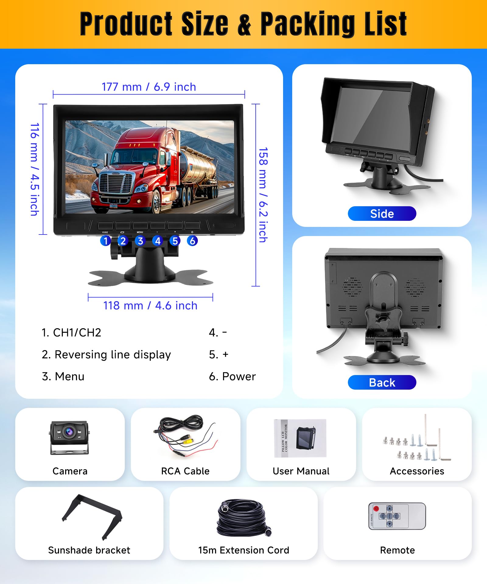VECHTEL 1080P Caméra de recul avec écran IPS 7 Pouces,kit d'aide au stationnement,1024 x 600,IP69 AHD Vision Nocturne pour SUV, camionnette, Camping-Car, avec Pare-Soleil, câble de 15 m, 12-24 V
