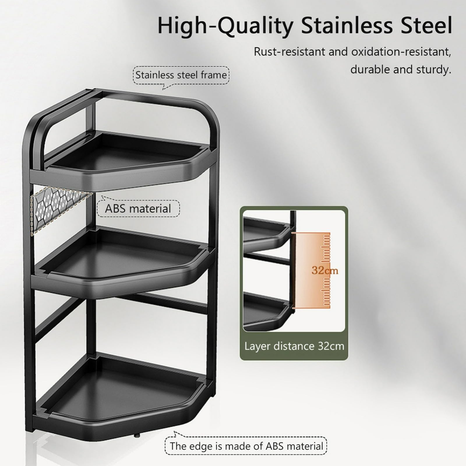 Estante esquinero de cocina de acero inoxidable con ganchos y soporte para tarros de especias, estante de almacenamiento de condimentos de pie de 2 niveles para encimera, especias y condimentos de