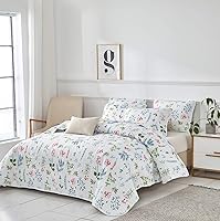 Vista 3 de UOZZI BEDDING - Juego de colcha reversible de 3 piezas tamaño King, color blanco con hojas azules y verdes y flores rojas, suave, de microfibra