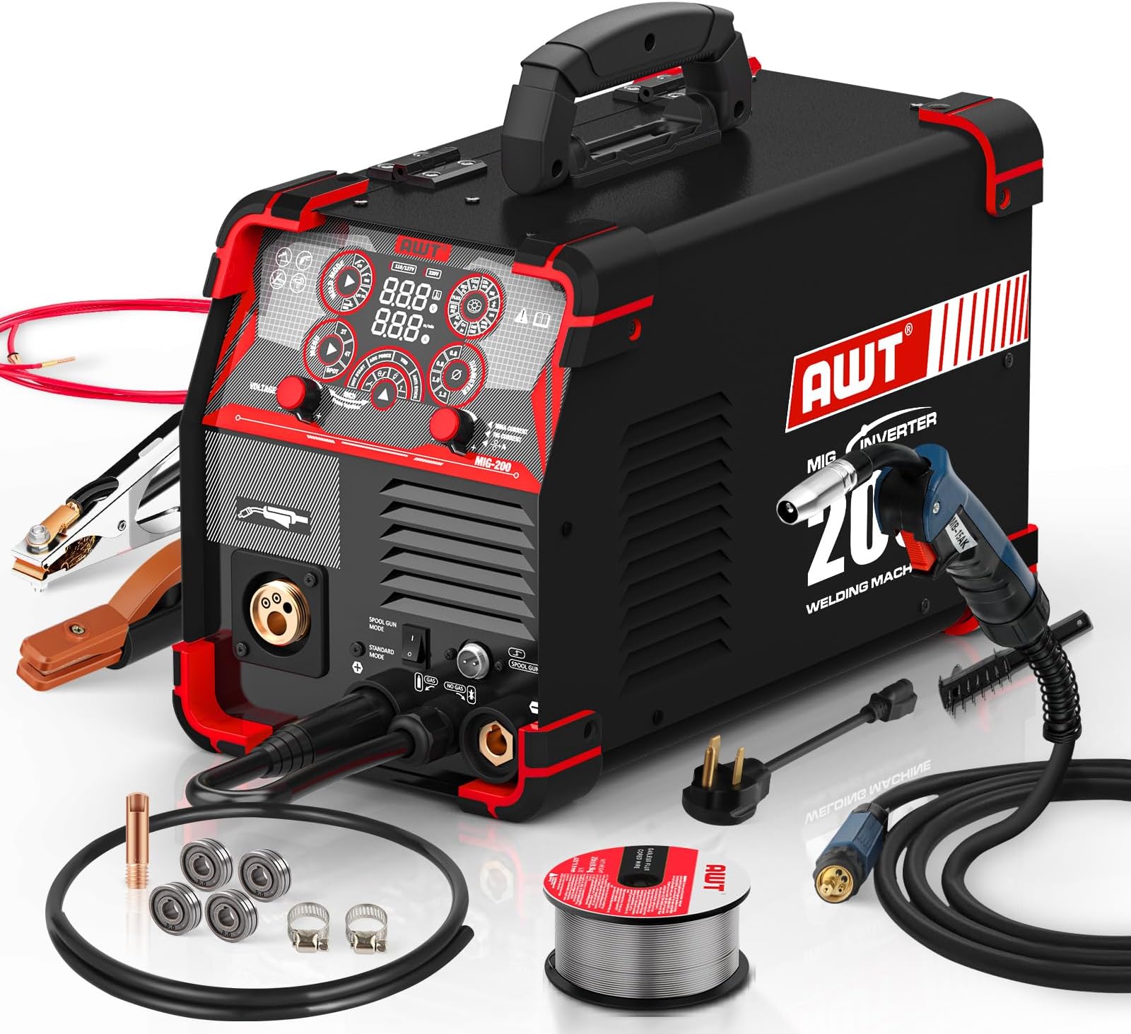 MIG Welder, 200Amp 8 in 1 Gas MIG/Gasless Flux Core MIG/Stick/Lift TIG/Spot Welding/Spool Gun Aluminum MIG Welder, 110/220V Dual Voltage, Multi-Process Welding Machine With LED Digital Display