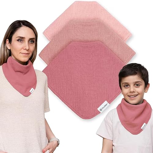 Miniatura 10 de Baberos tipo bandana con 3 baberos impermeables de algodón orgánico para adultos y niños, broches ajustables Azul (Marine),Café con leche,Rosa todo