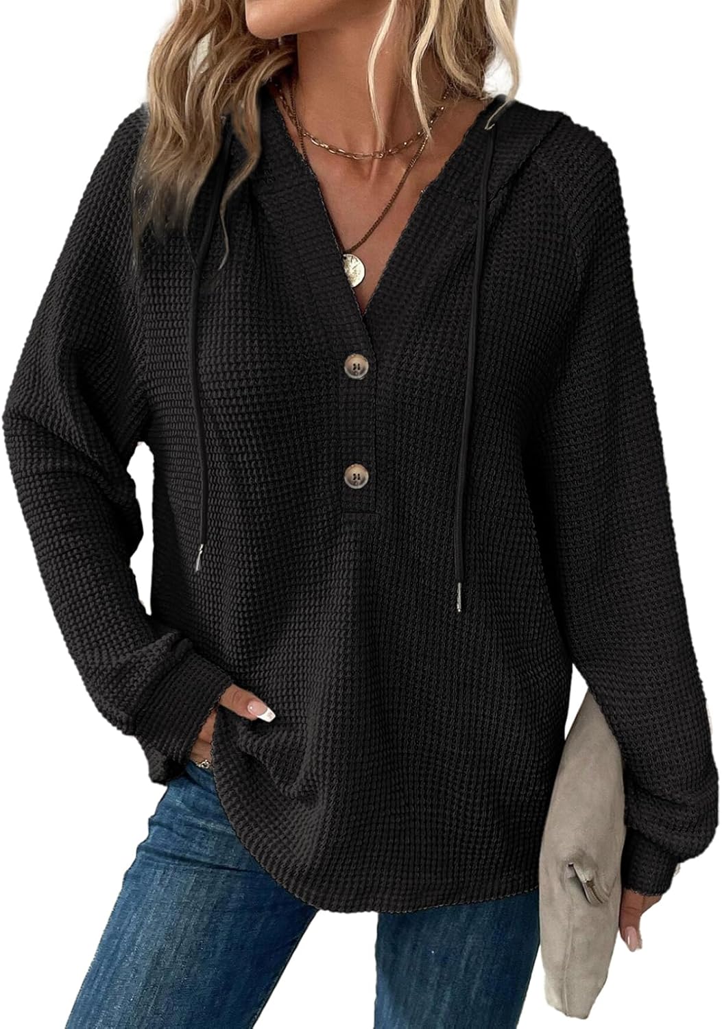 BLENCOT Hoodies for Womens Waffle Knit Button Long Sleeve Drawstring V Neck Casual Pullover Sweatshirts Hooded Blouses