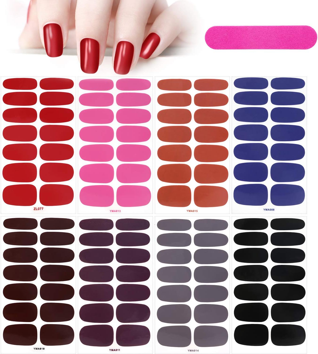 MWOOT 8 Sheets Solid Color Full Wraps Nail Stickers With File, Self-Adhesive Art Polish Strips, Decals for DIY Manicure Tips Decoration