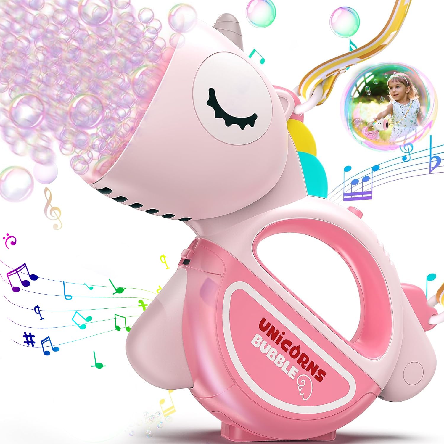 Rechargeable Bubble Machine with Lights Music, Unicorn Bubble Gun for Toddlers Kids Age 1-3 3-5 4-8, 360°Leak Proof Auto Bubble Blower with Bubble Solution for Kids Birthday Gifts (Unicorn)