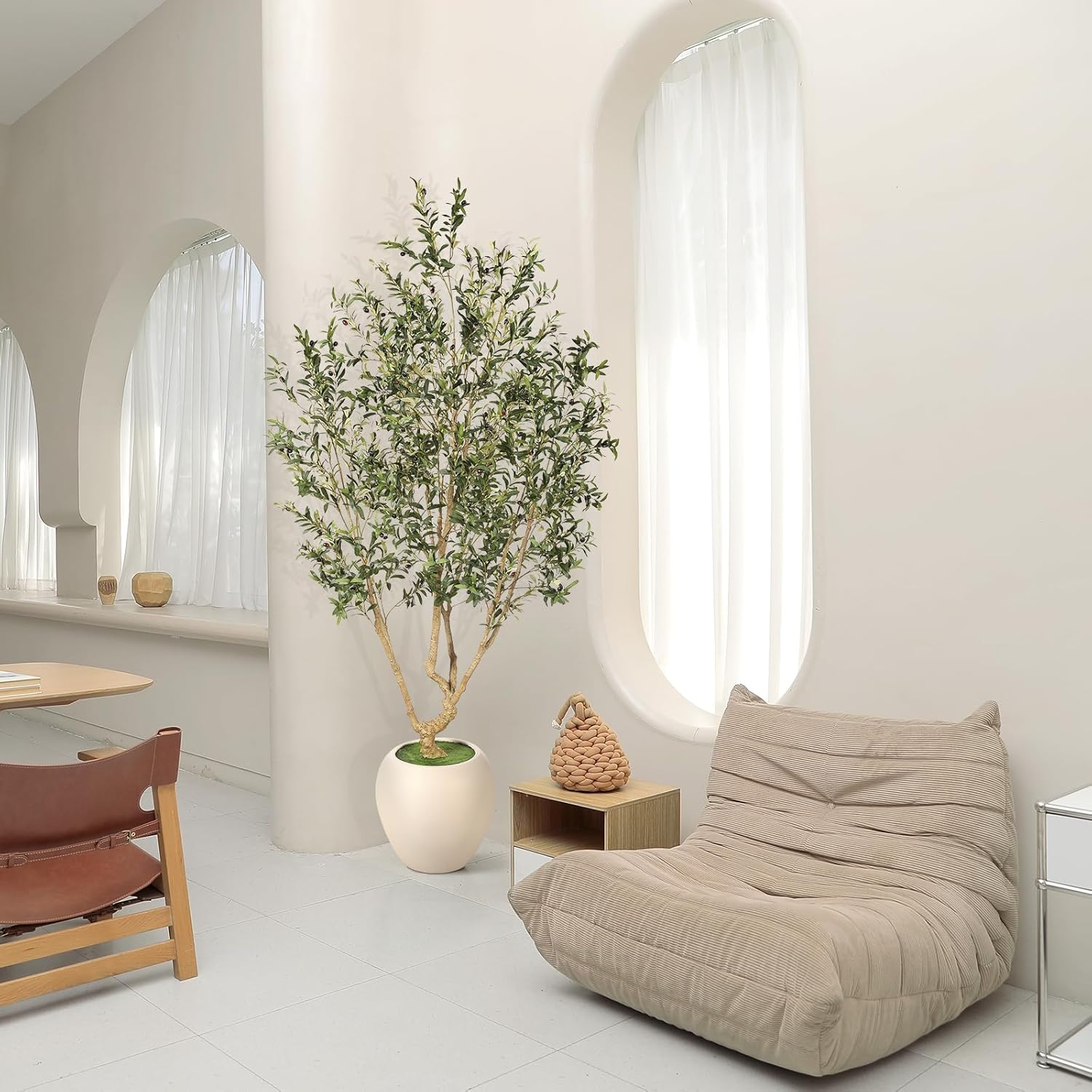 Realead Olive Trees Artificial Indoor - 8FT Tall Faux Olive Tree with 18in Exquisite Planter - Large Fake Olive Tree with Natural Trunk and Lifelike Leaves for Large Spaces & Elegant Home Office Decor