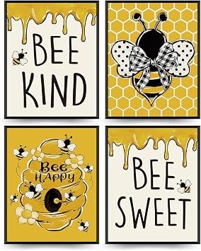 PLKMK Bee Wall Decor Set of 4,Bee Decor for Home,Bumble Bee Decor,Bee Home Decor,Summer Decor for Home,Bee Kind Wall Art,Yellow Decor,Bee Happy Sign Prints 8x10 Inch Unframed