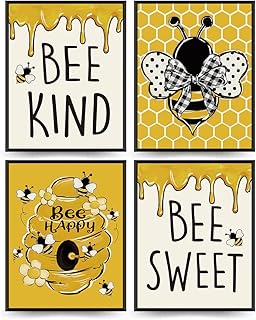 PLKMK Bee Wall Decor Set of 4,Bee Decor for Home,Bumble Bee Decor,Bee Home Decor,Summer Decor for Home,Bee Kind Wall Art,Yellow Decor,Bee Happy Sign Prints 8x10 Inch (Unframed)